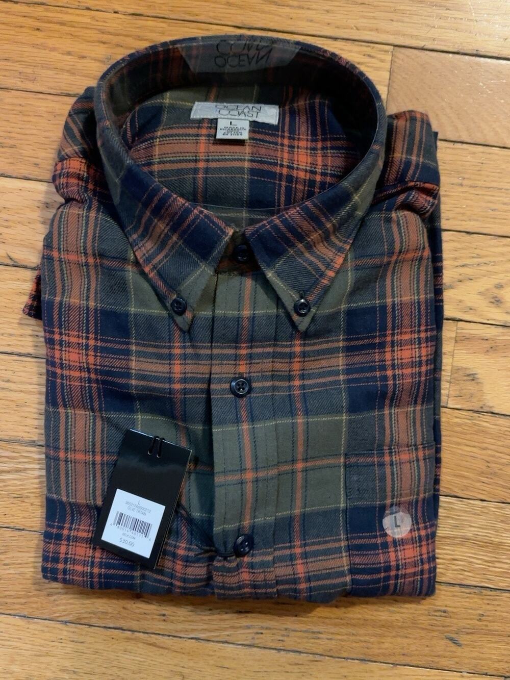 Ocean + Coast Mens Large Flannel Shirt Olive Tartan Plaid 100% Cotton NWT